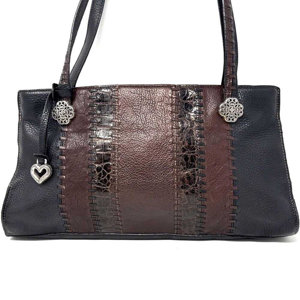 Brighton Leather East West Shoulder Tote Bag Black Pebbled Brown Croc Embossed